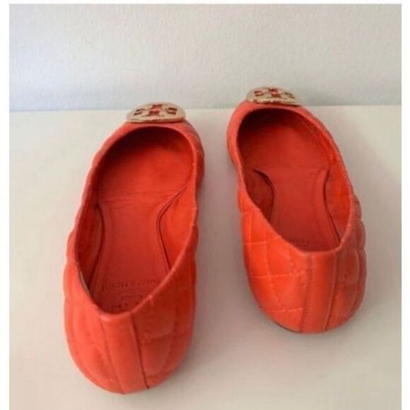 Tory Burch Size 6.5 Minnie Quilted Leather Ballet Flats Orange Gold Logo Travel - Picture 8 of 11